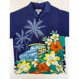Island 2 Island Mens XL Hawaiian Shirt Blue Woody Wagon Hibiscus Palm Tree Print